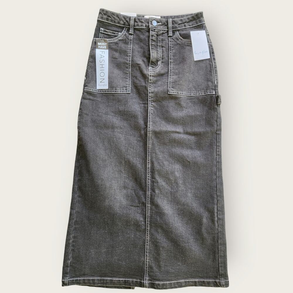 Love Fire Juniors Denim Black Maxi Pencil 5 Pocket Carpenter Backslit skirt Sz 3